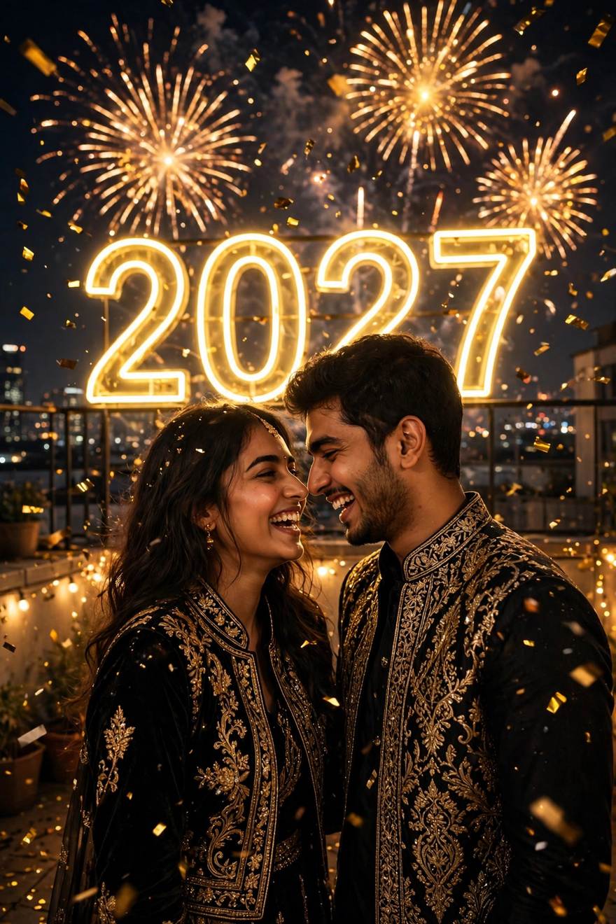 Couple in black and gold outfits under a glowing 2027 neon sign with fireworks – New Year Gemini ChatGPT photo prompt example