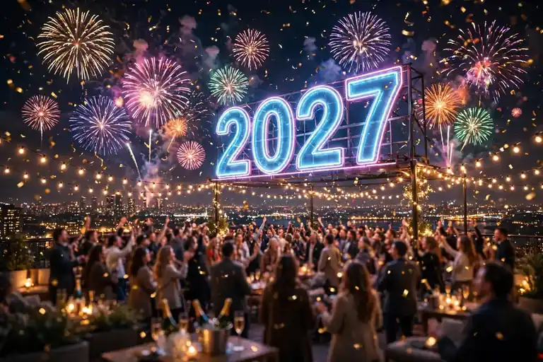 Happy New Year 2027 rooftop party with neon 2027 sign and fireworks – New Year photo prompts for Gemini and ChatGPT