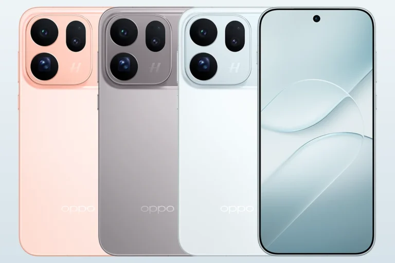 OPPO Find X10 in Glow Coral, Mist Grey and Glacier Blue with front display - official OPPO product image