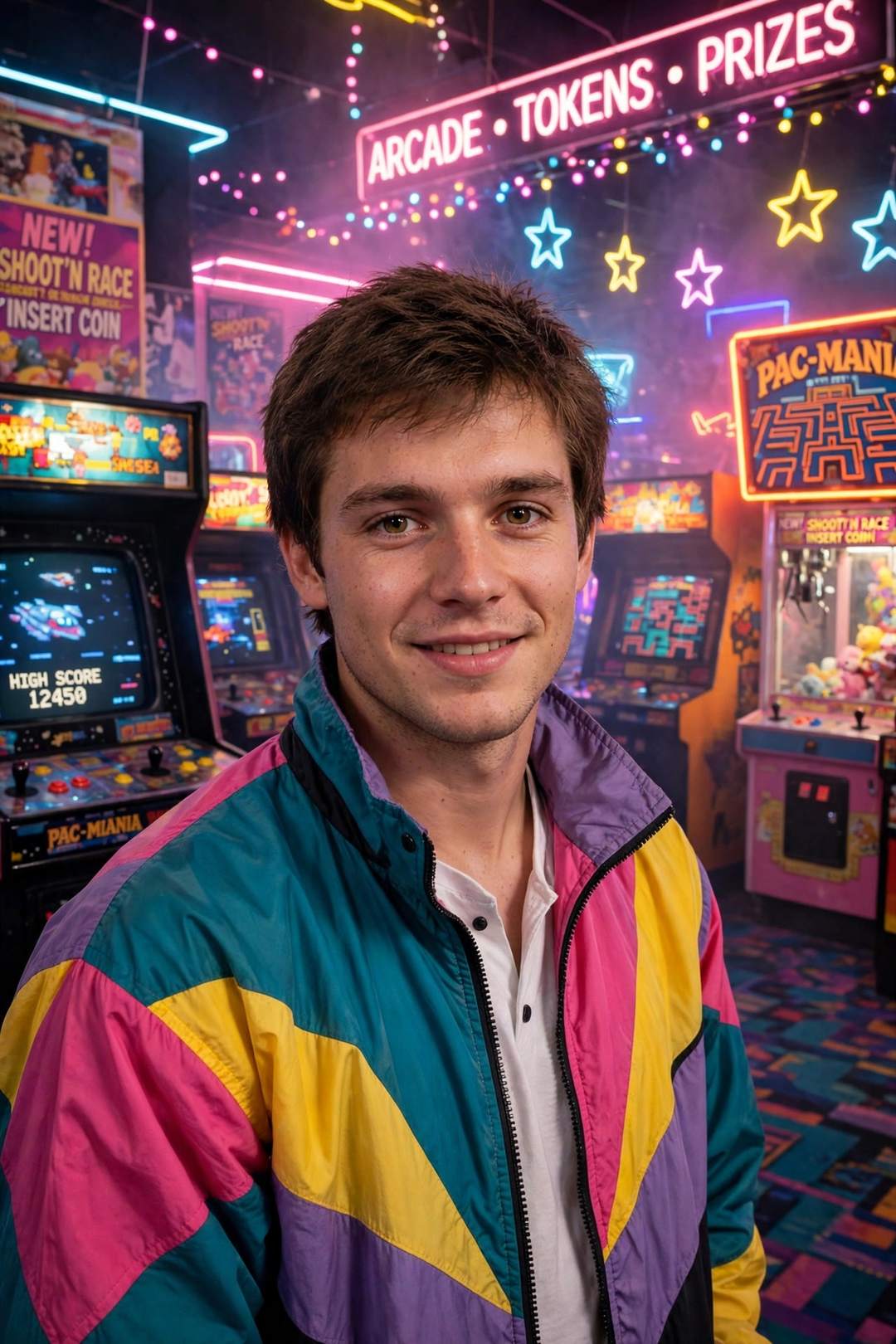 Neon Arcade Gamer Look — 1980s AI photo editing prompt result