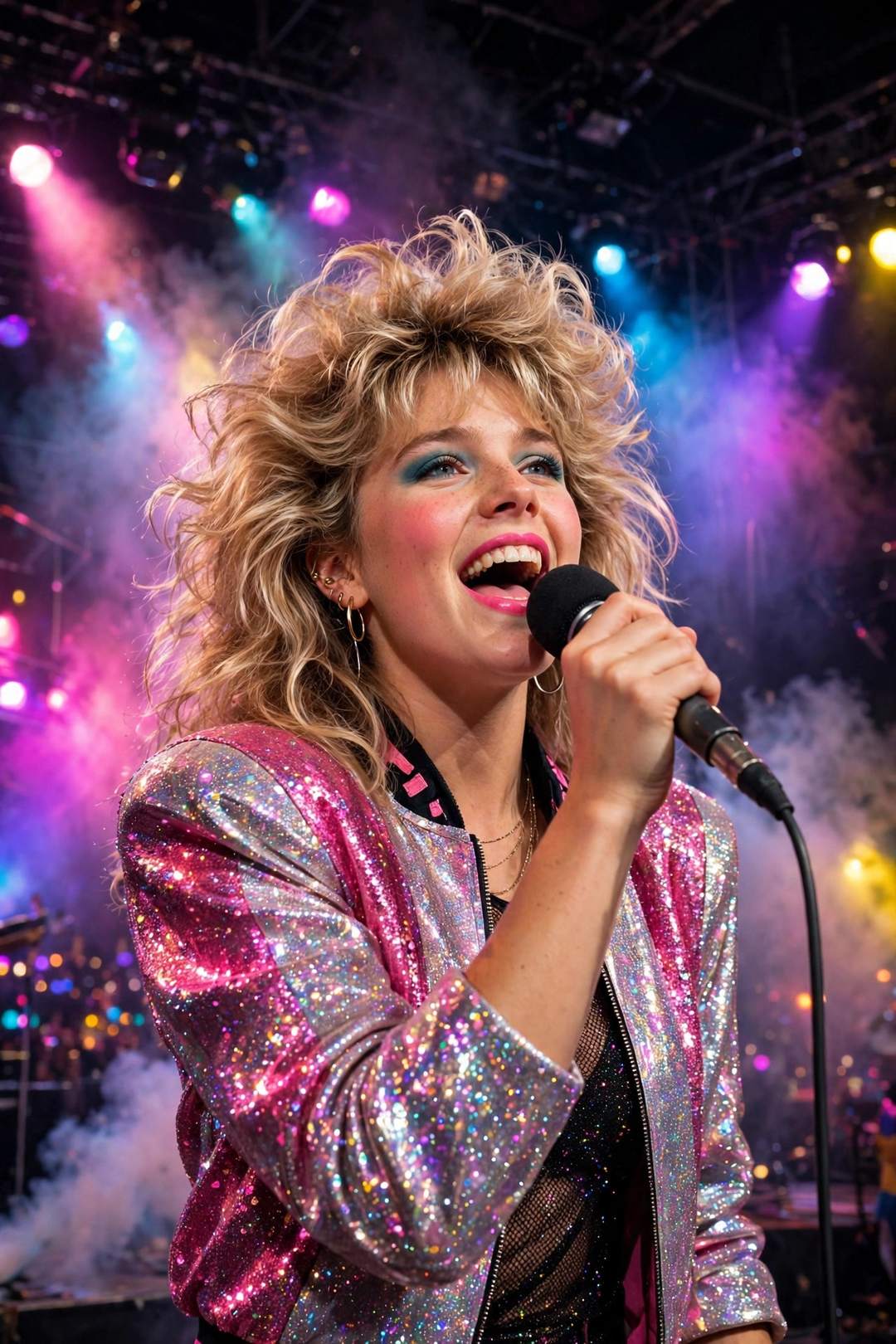 80s Pop Star Stage Look — 1980s AI photo editing prompt result