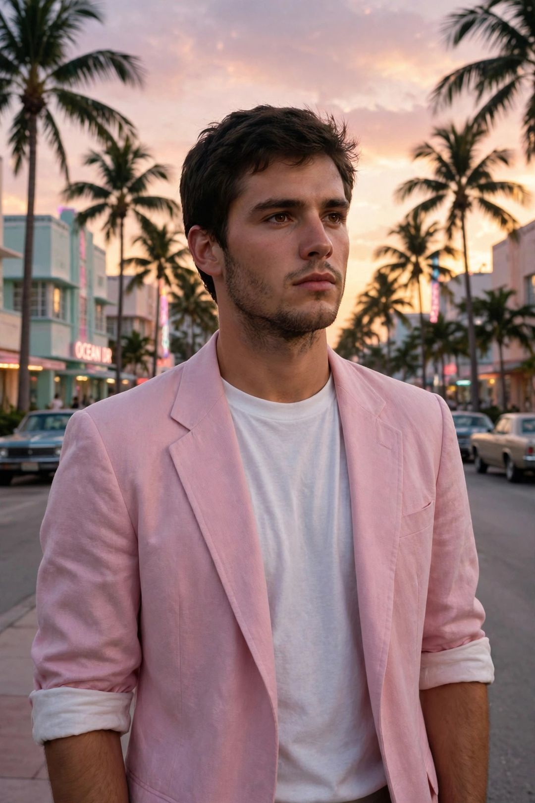 Miami Vice Pastel Suit Look — 1980s AI photo editing prompt result