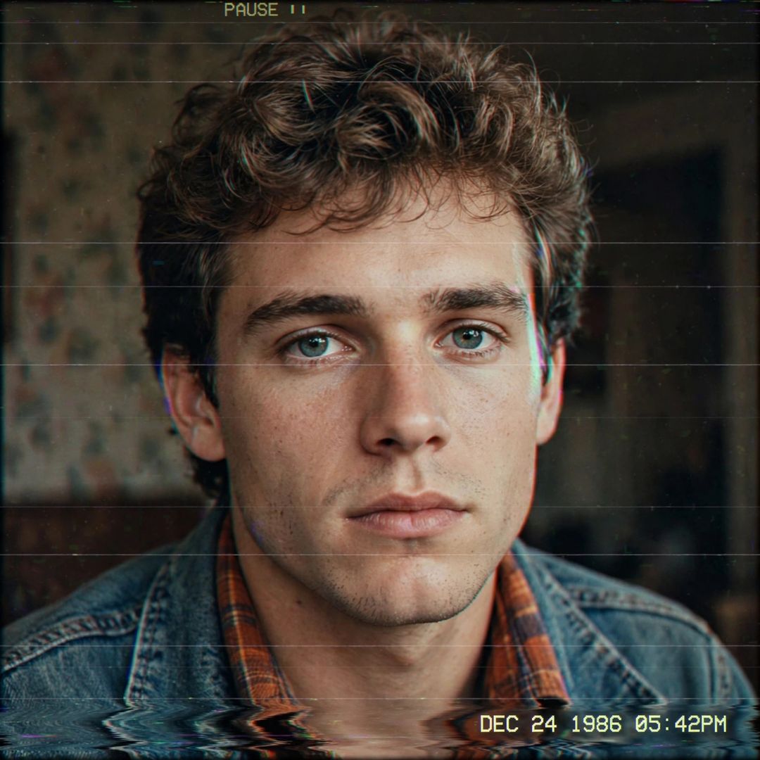 VHS Glitch Portrait Look — 1980s AI photo editing prompt result