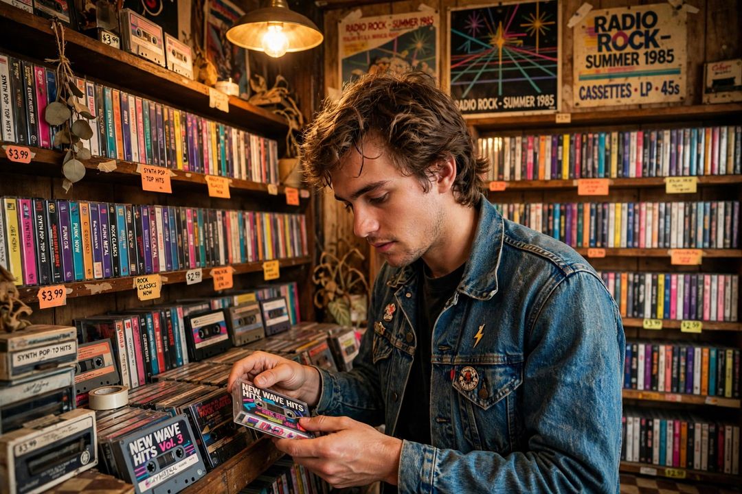 Cassette Shop Music Lover Look — 1980s AI photo editing prompt result
