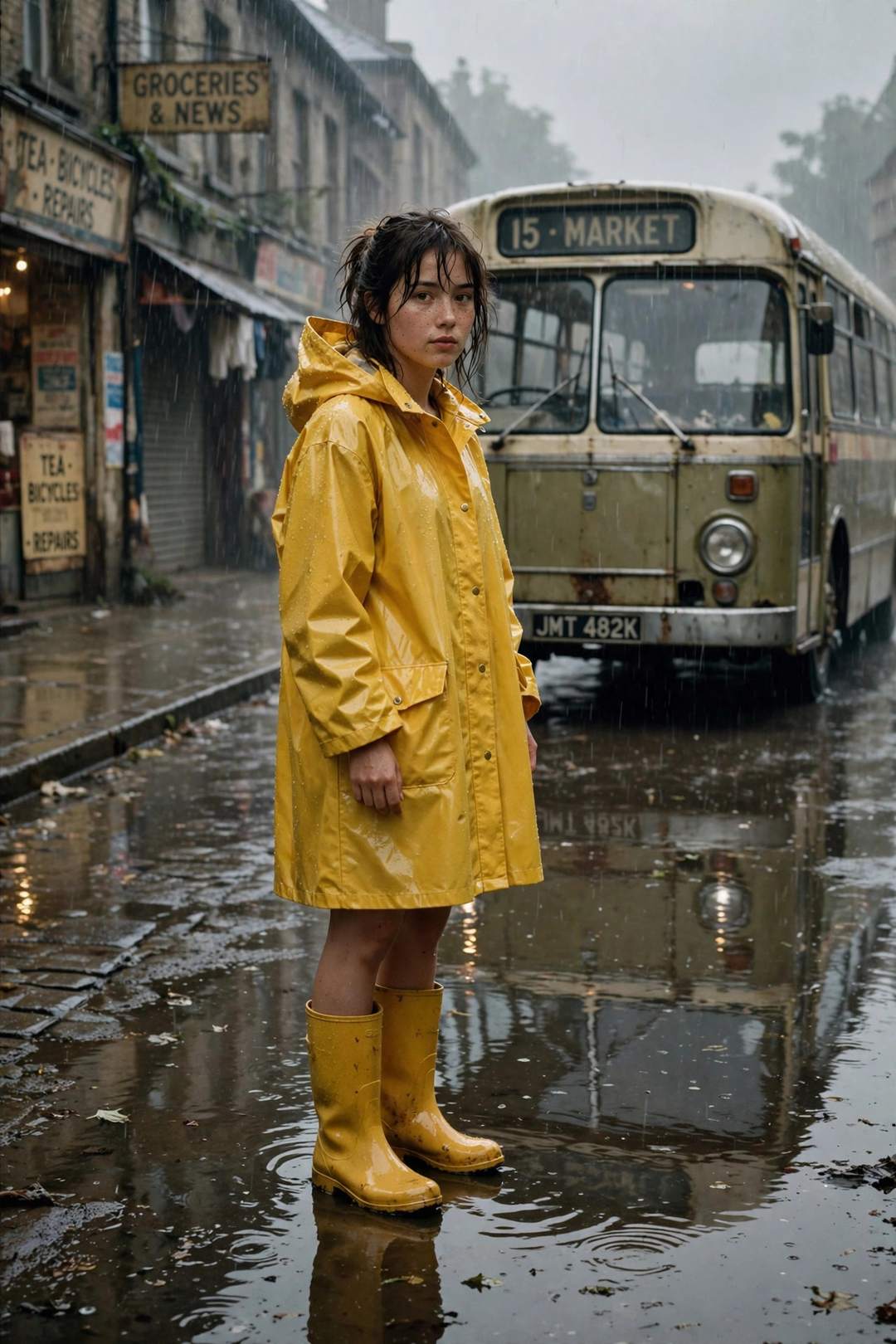 Retro Monsoon Raincoat Look — 1980s AI photo editing prompt result