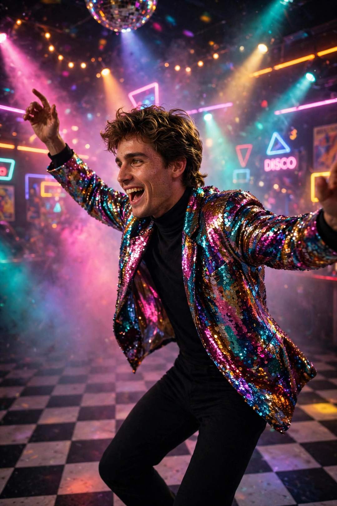 Disco Dance Floor Neon Look — 1980s AI photo editing prompt result