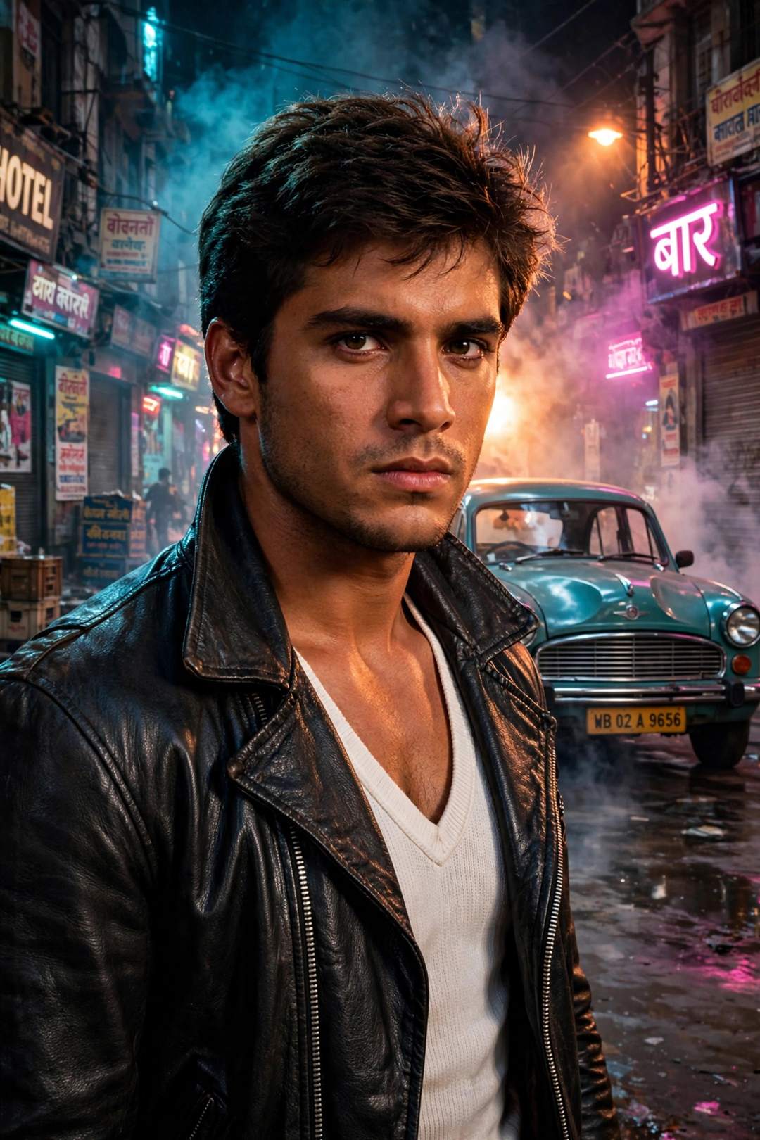 80s Action Hero Leather Look — 1980s AI photo editing prompt result
