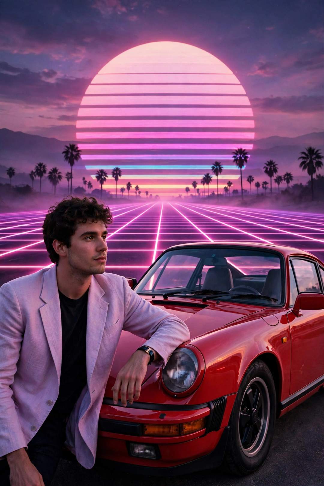Synthwave Sunset Car Look — 1980s AI photo editing prompt result