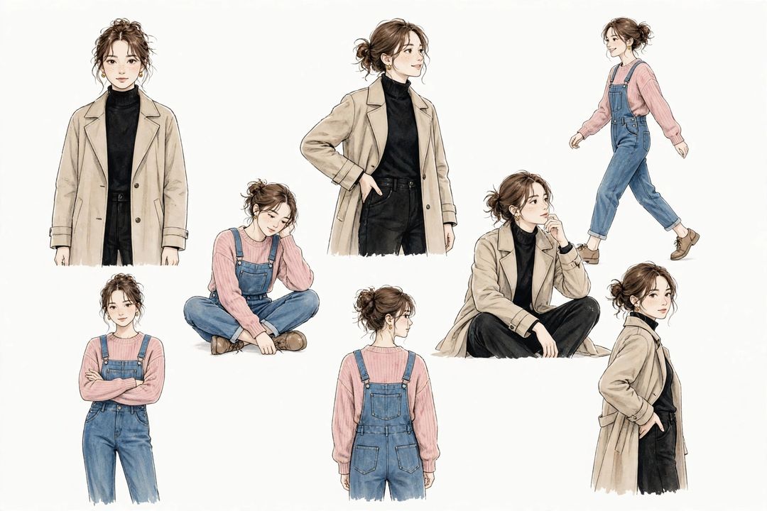 AI fashion lookbook style — same person in 7 poses and 2 outfits, flatlay collage (illustration)