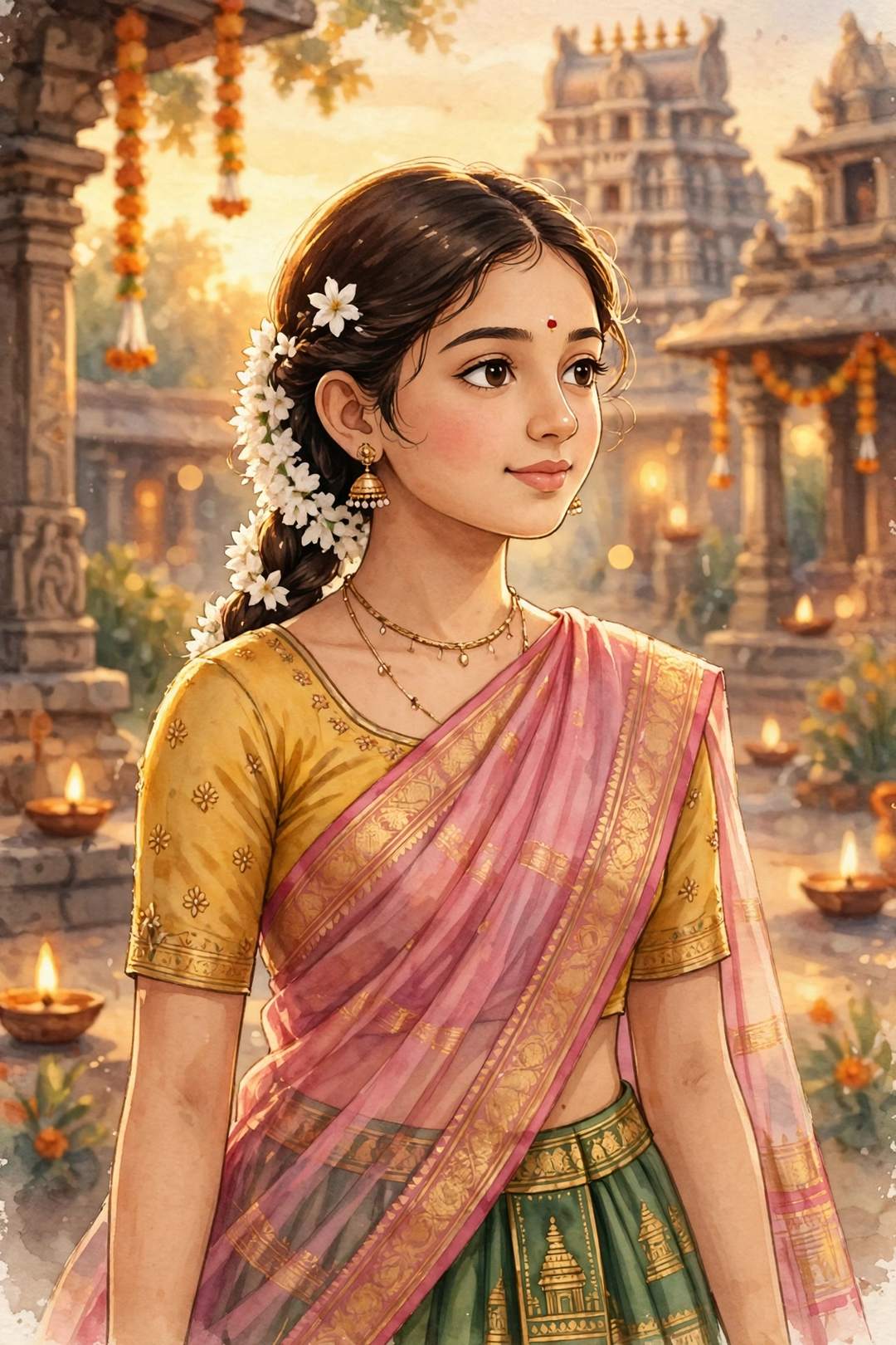 Langa Voni temple glow style — traditional half-saree portrait at golden hour (illustration)