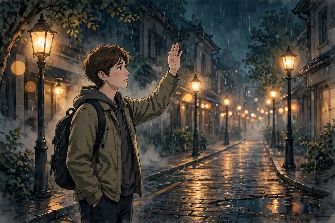 Cinematic emotional farewell style — night goodbye scene (illustration)