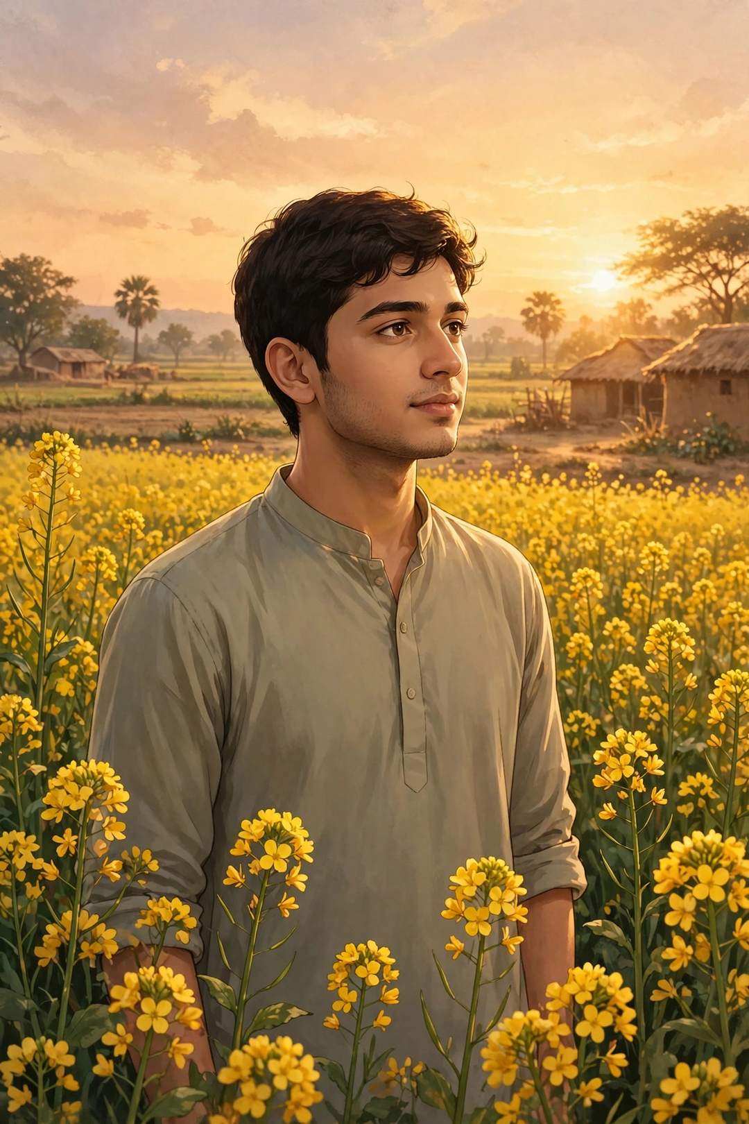 Mustard field golden hour style — person in a yellow flower field at sunset (illustration)