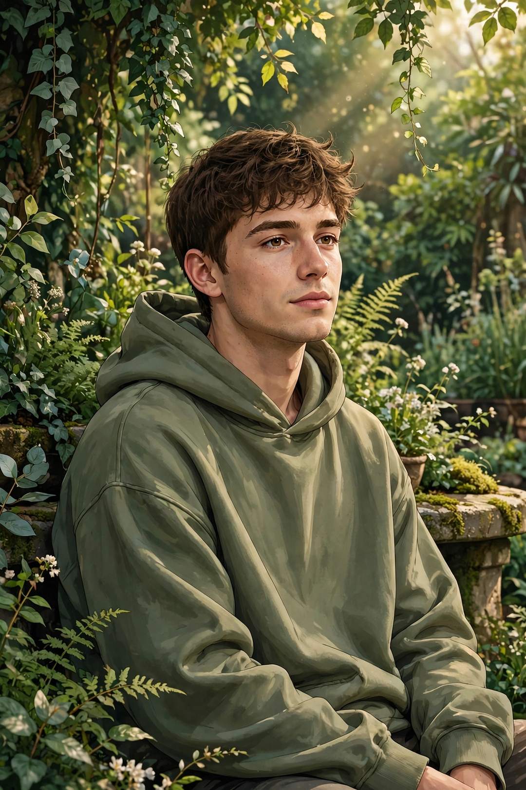 Streetwear garden portrait style — young man in hoodie sitting in a green garden (illustration)