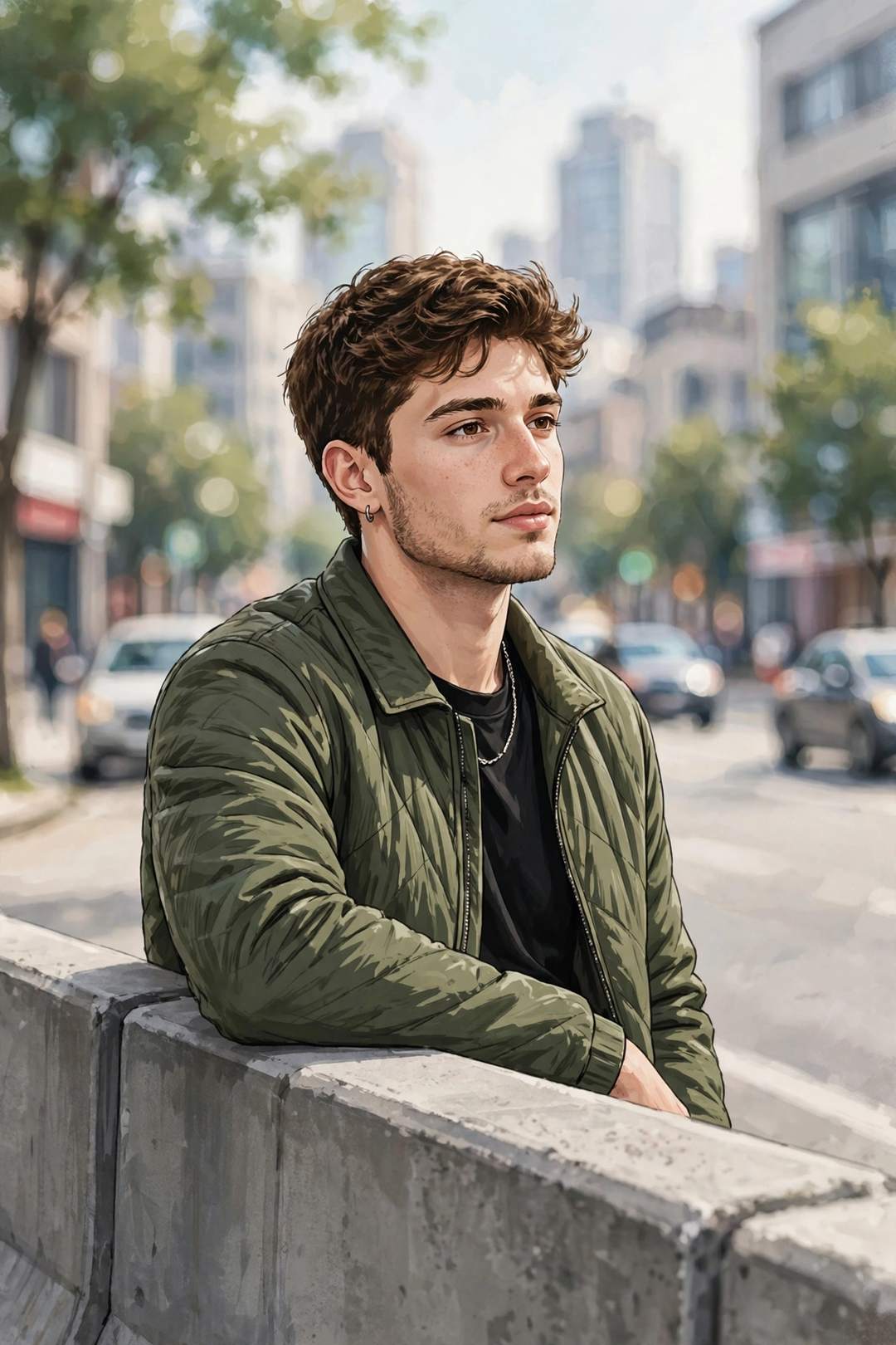 Urban street portrait style — young man leaning on a roadside barrier (illustration)