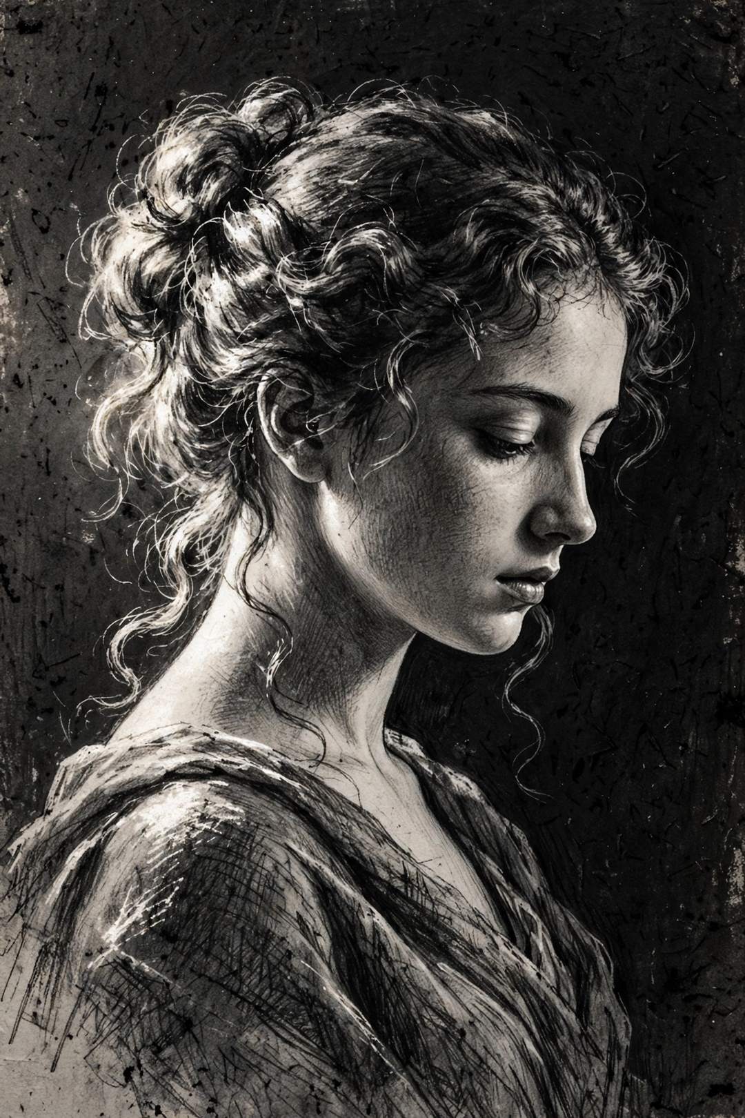 Black-and-white dramatic portrait style — strong side light portrait (illustration)