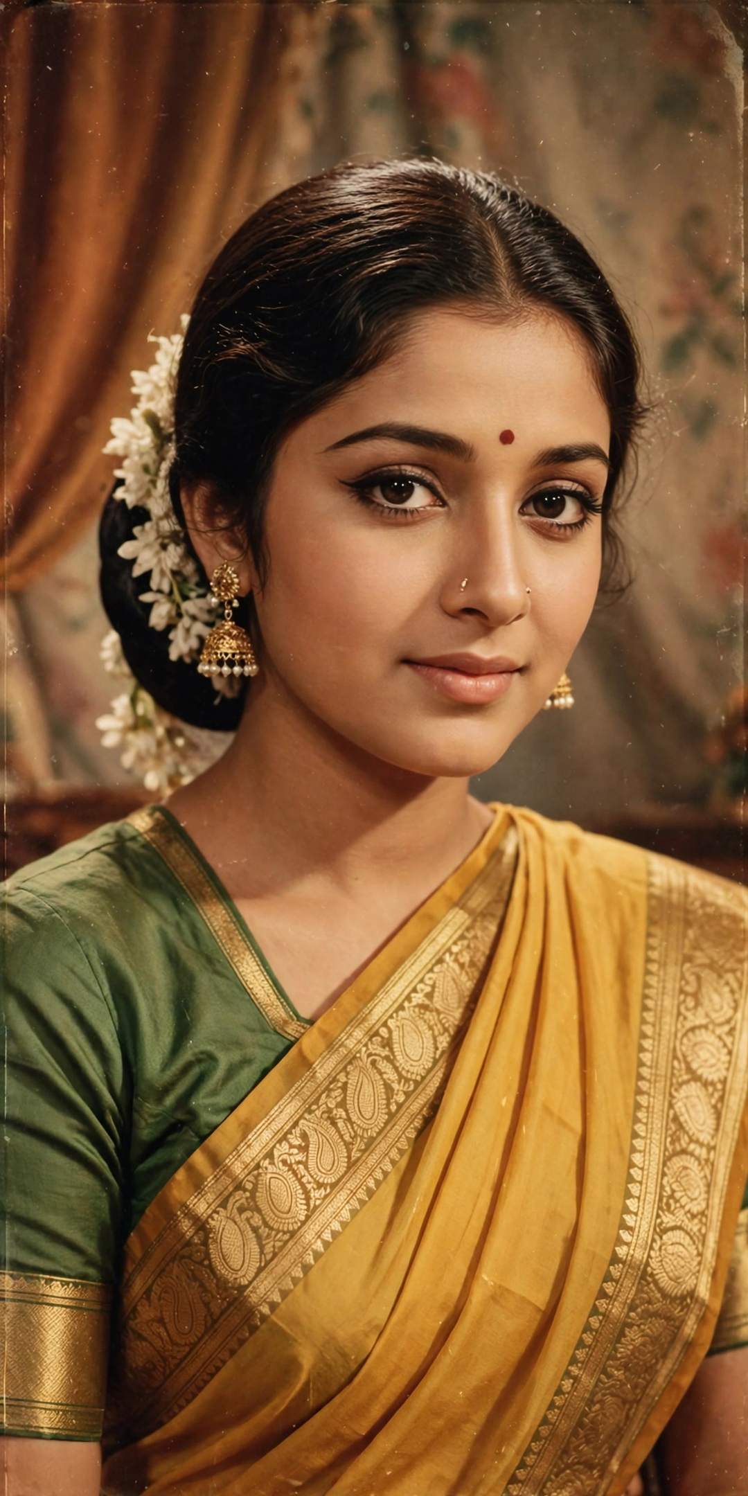 Retro Bollywood saree style — vintage film tones portrait (illustration)