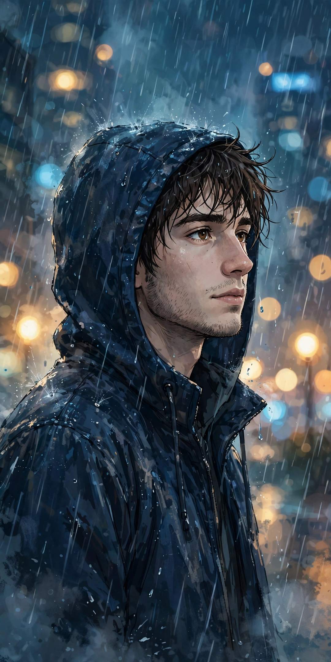 Cinematic rain portrait style — person in rain at night with city bokeh (illustration)