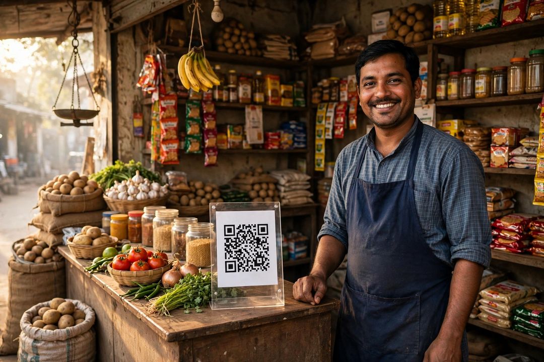 Small shopkeeper with UPI QR code stand — UPI payments stay free for customers