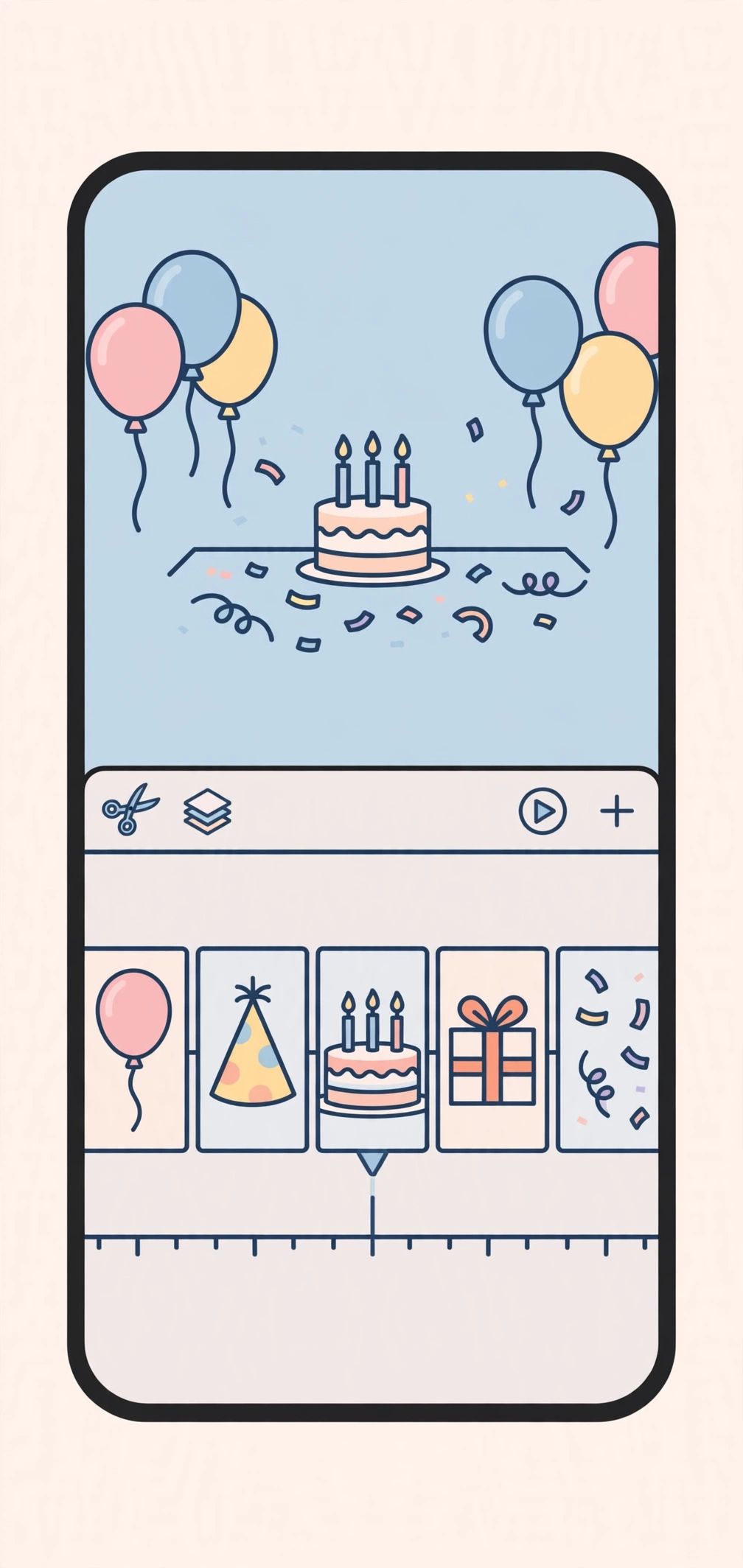 Adding birthday photos to a VN template timeline on a phone (illustration)