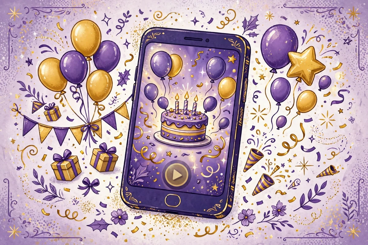 Birthday VN template — phone showing a happy birthday reel with cake and balloons (illustration)