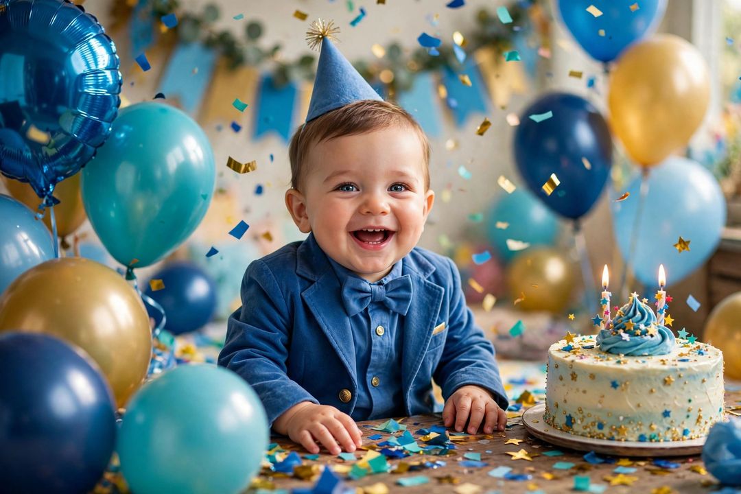 Baby boy birthday reel style — smiling baby boy with balloons and birthday cake (illustration)