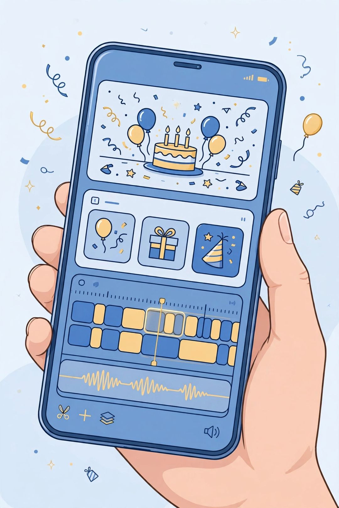 Adding birthday photos to a VN template timeline on a phone (illustration)
