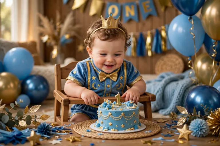 Baby boy birthday VN template — first birthday celebration with cake and balloons (illustration)