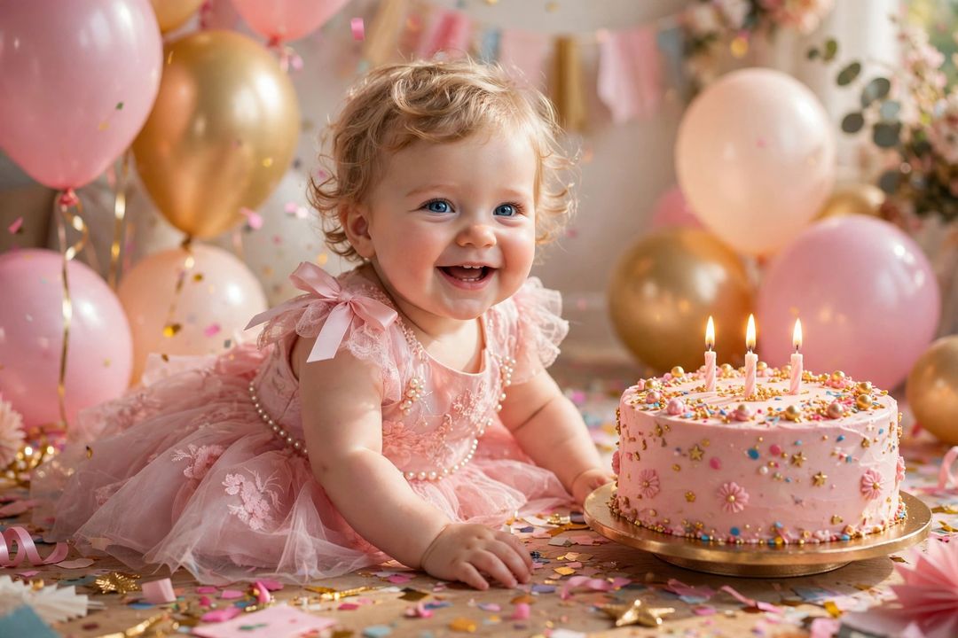 Baby girl birthday reel style — smiling baby girl with balloons and birthday cake (illustration)