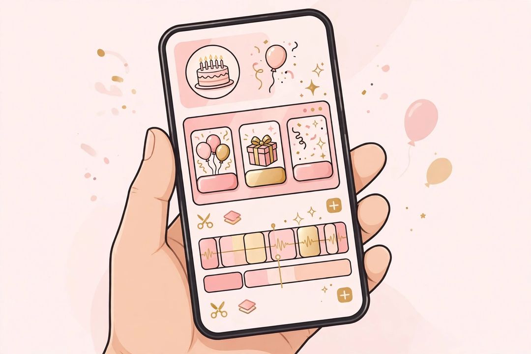 Adding birthday photos to a VN template timeline on a phone (illustration)