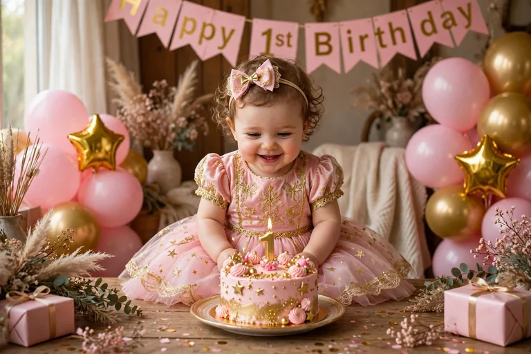 Baby girl birthday VN template — first birthday celebration with cake and balloons (illustration)