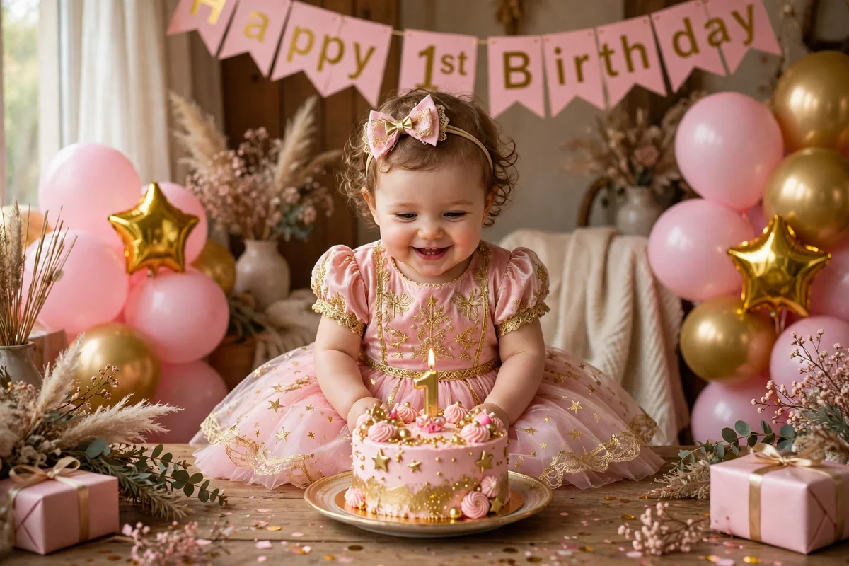 Baby girl birthday VN template — first birthday celebration with cake and balloons (illustration)