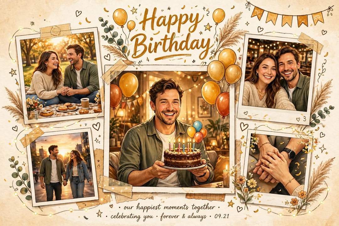 Husband birthday reel style — couple celebrating with birthday cake (illustration)