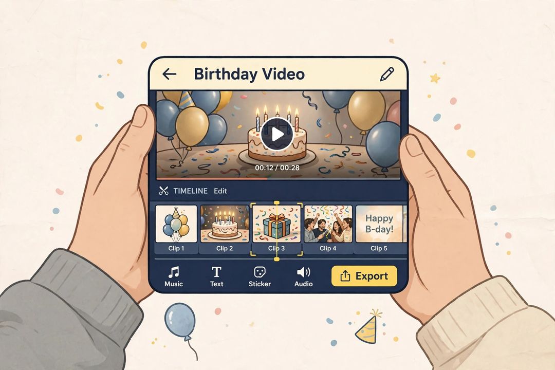 Adding birthday photos to a VN template timeline on a phone (illustration)