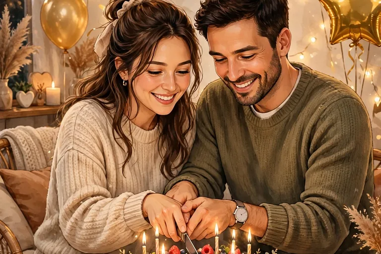 Husband birthday VN template — couple celebrating birthday with cake and balloons (illustration)