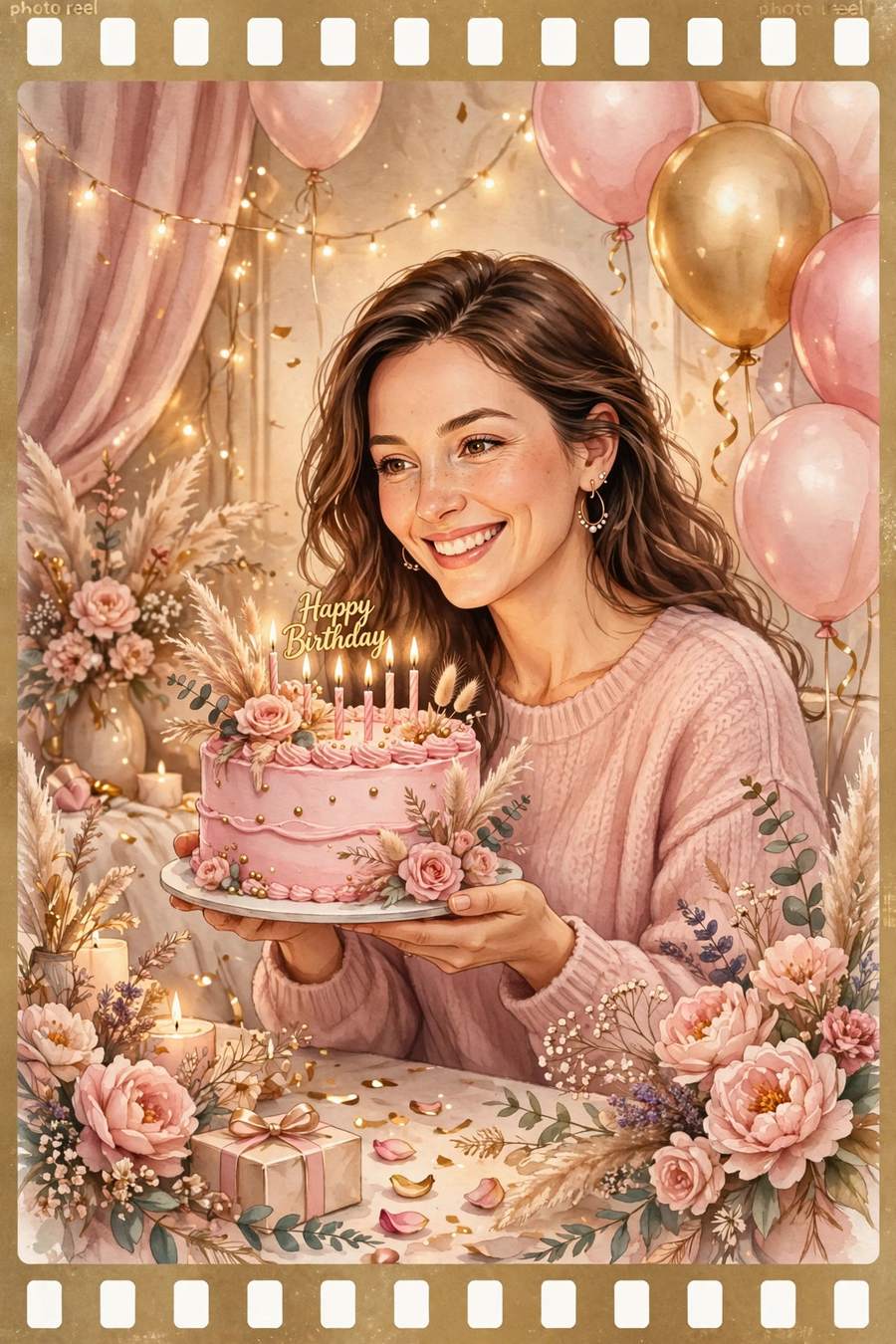 Wife birthday reel style — wife smiling with pink birthday cake and flowers (illustration)