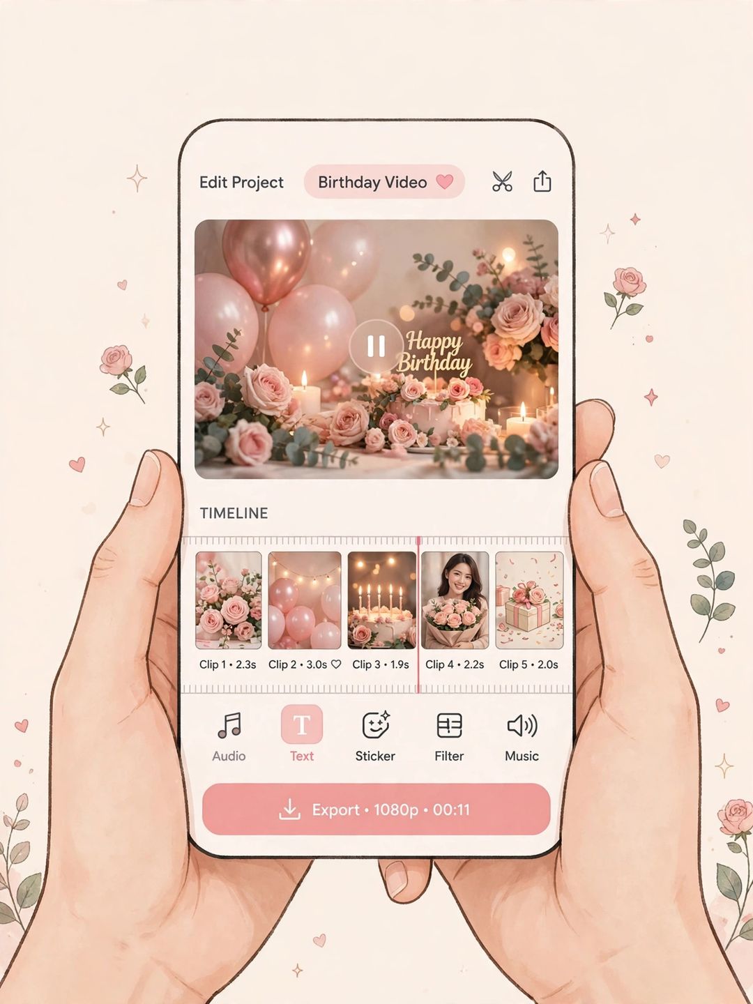 Adding birthday photos to a VN template timeline on a phone (illustration)