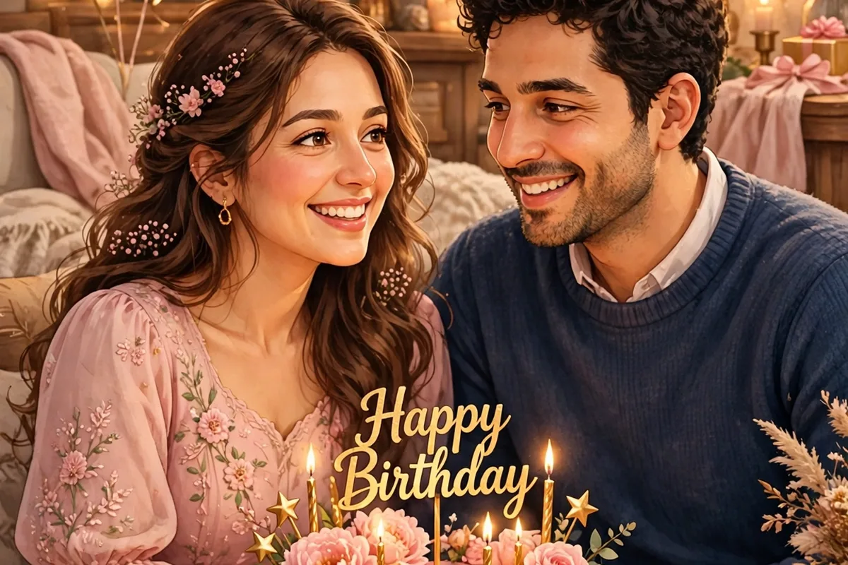 Wife birthday VN template — couple celebrating birthday with pink and gold cake and balloons (illustration)