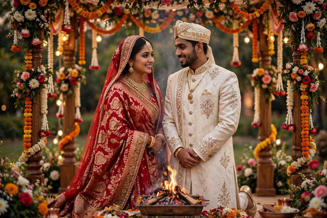 Bride and groom Hindu wedding pheras mandap ChatGPT photo editing prompt