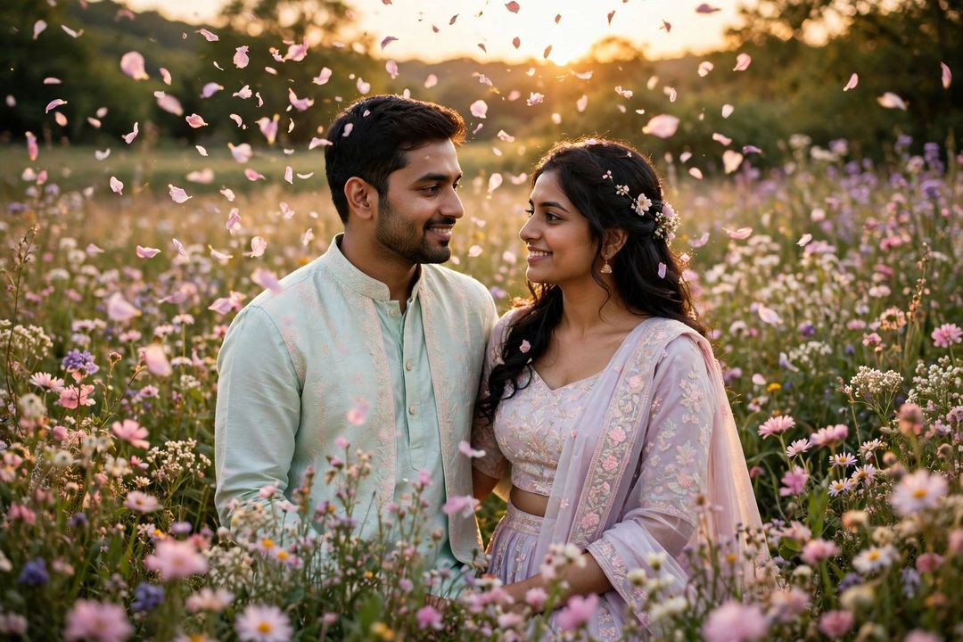 Pre-wedding couple meadow golden hour ChatGPT photo edit