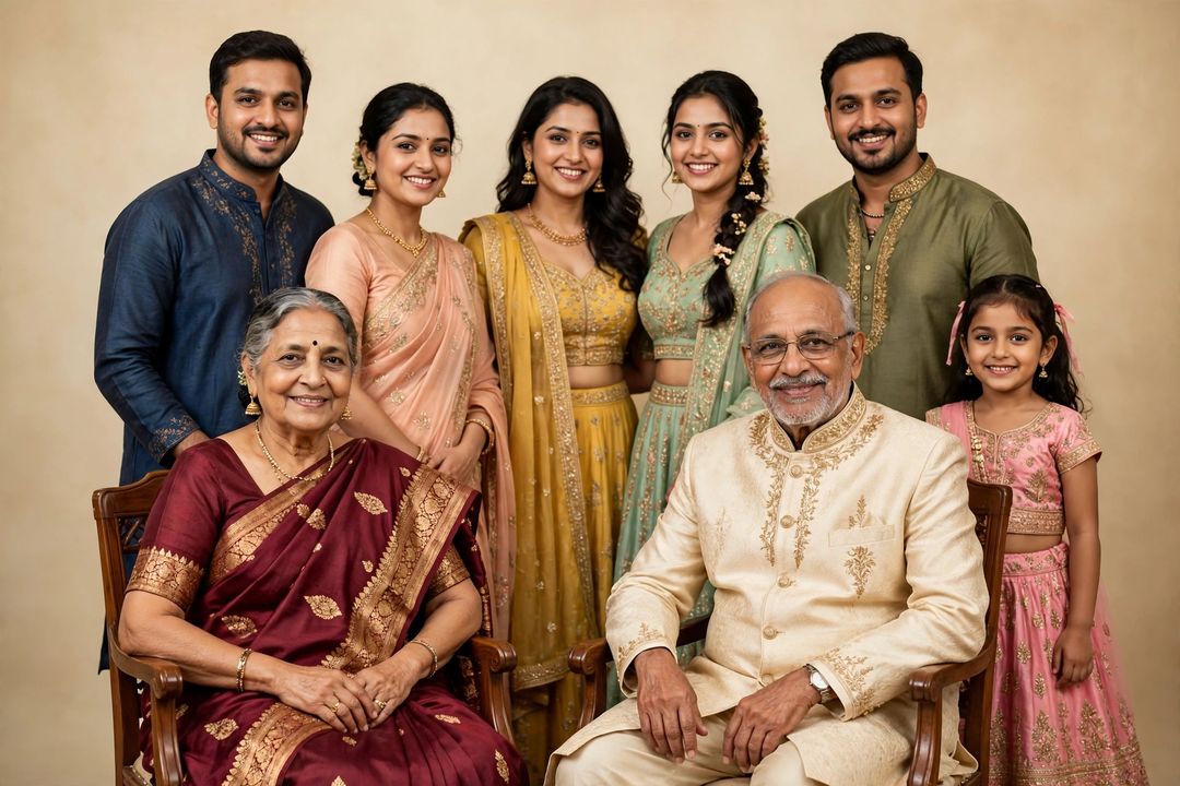 Joint family studio portrait traditional outfits ChatGPT photo edit