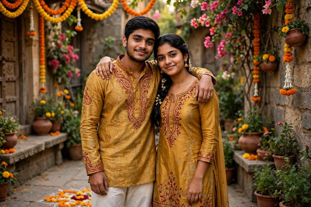 Siblings portrait festive outfits ChatGPT photo edit