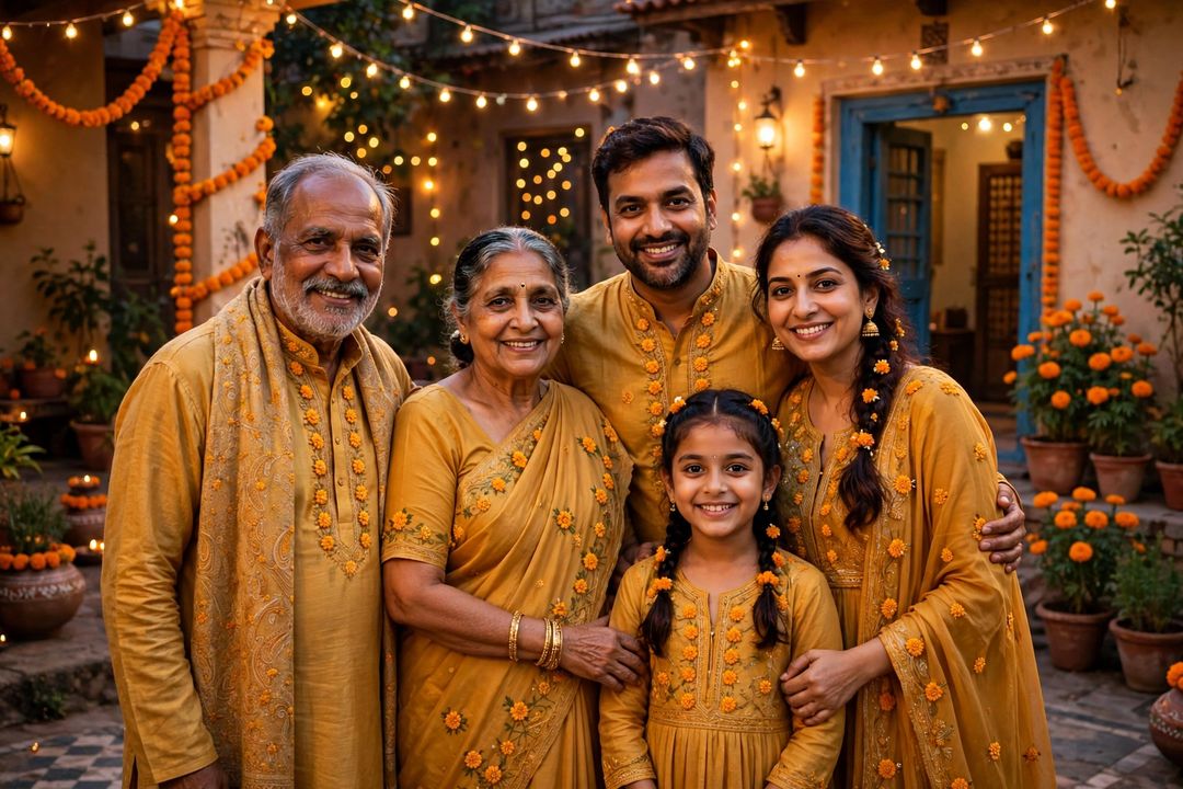 Family matching traditional outfits festival ChatGPT photo edit