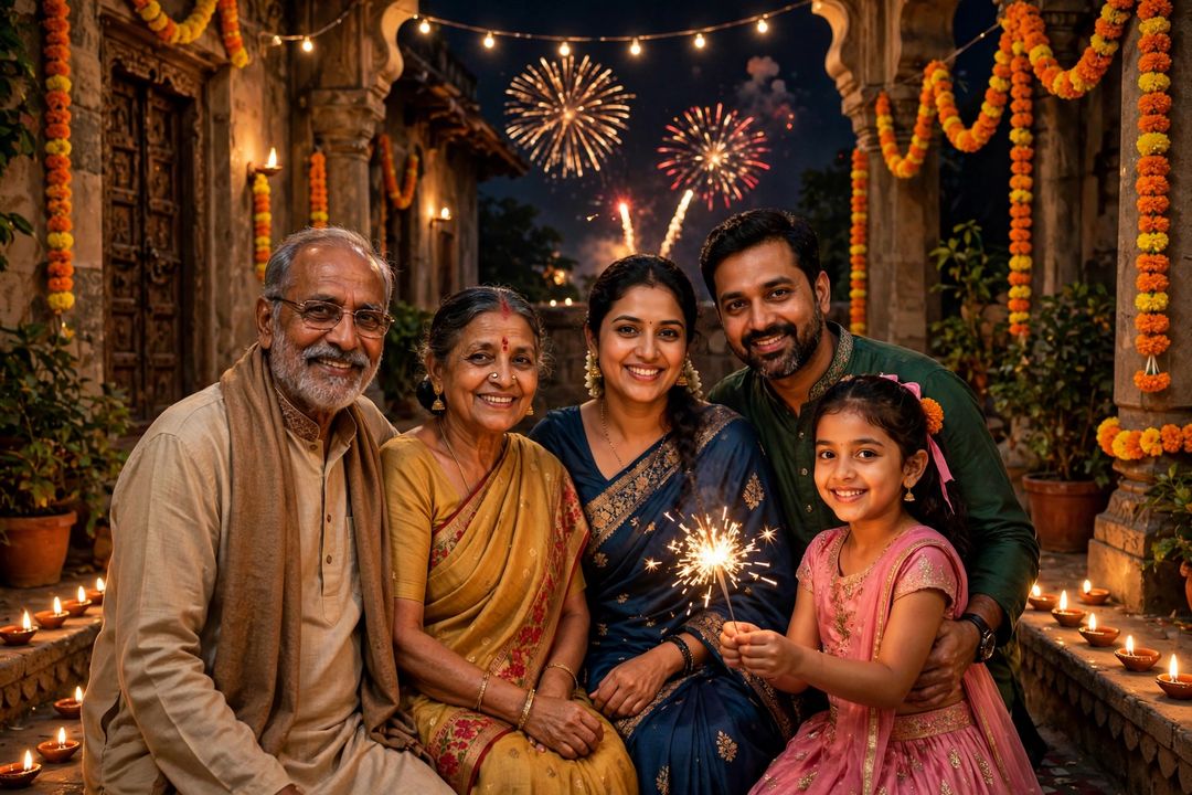 Family Diwali diyas sparklers courtyard ChatGPT photo edit
