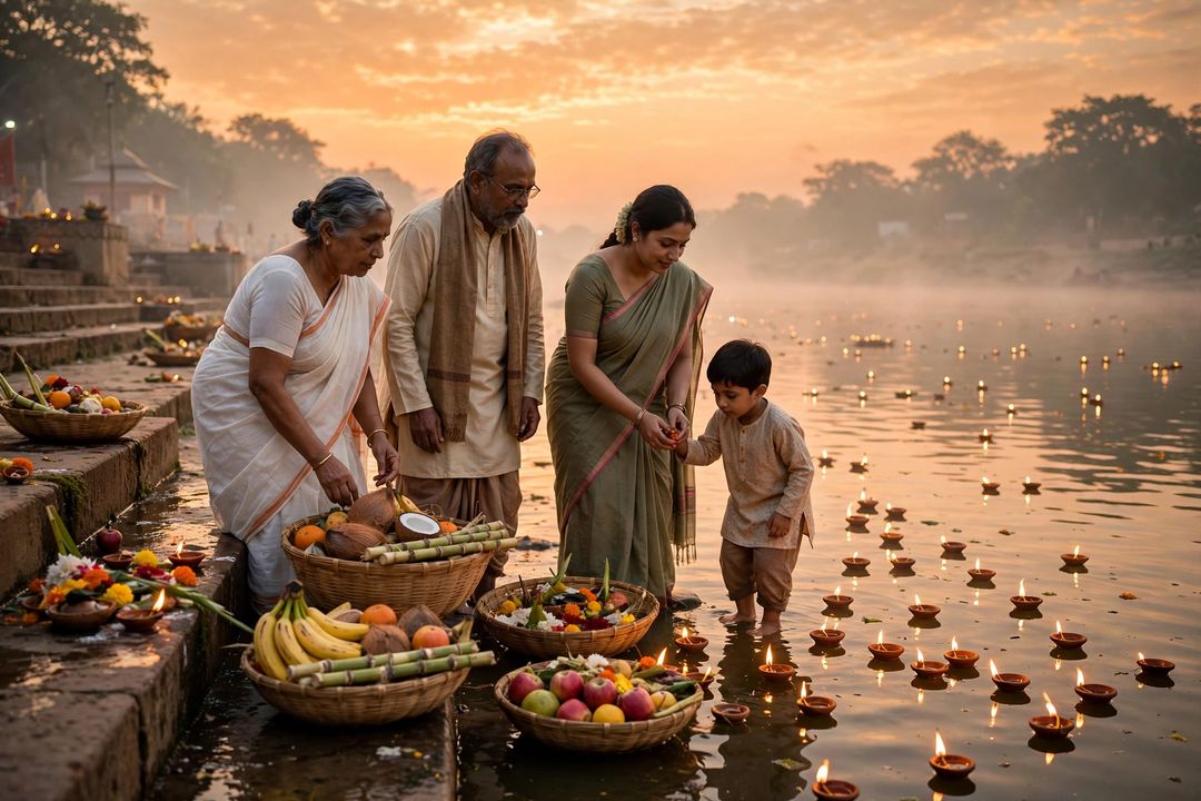 Family Chhath Puja ghat sunrise arghya ChatGPT photo edit