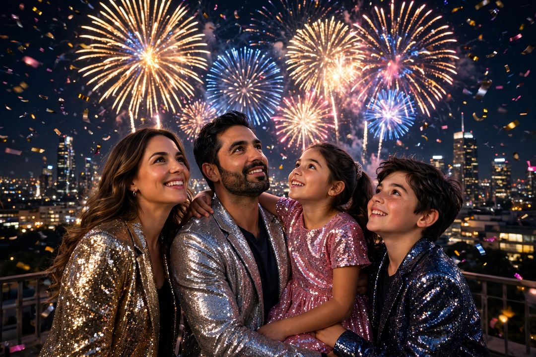 Family New Year midnight fireworks celebration ChatGPT photo edit