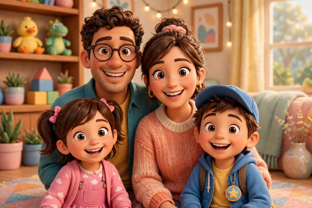 Family 3D Pixar cartoon style ChatGPT photo edit