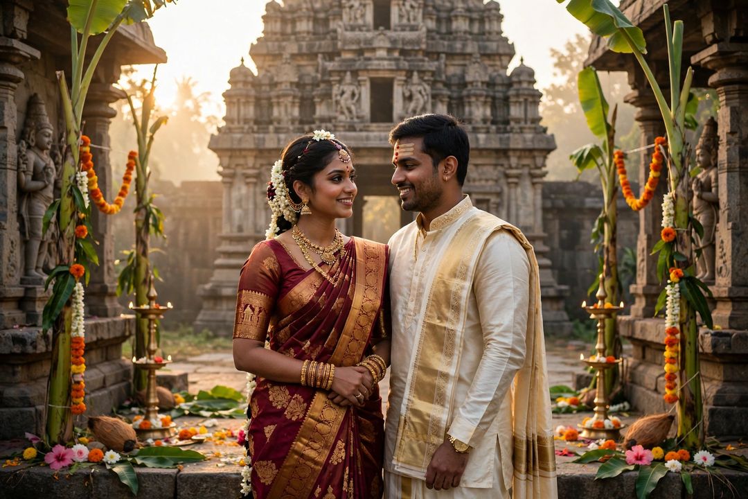 South Indian temple wedding Kanjivaram couple ChatGPT photo edit