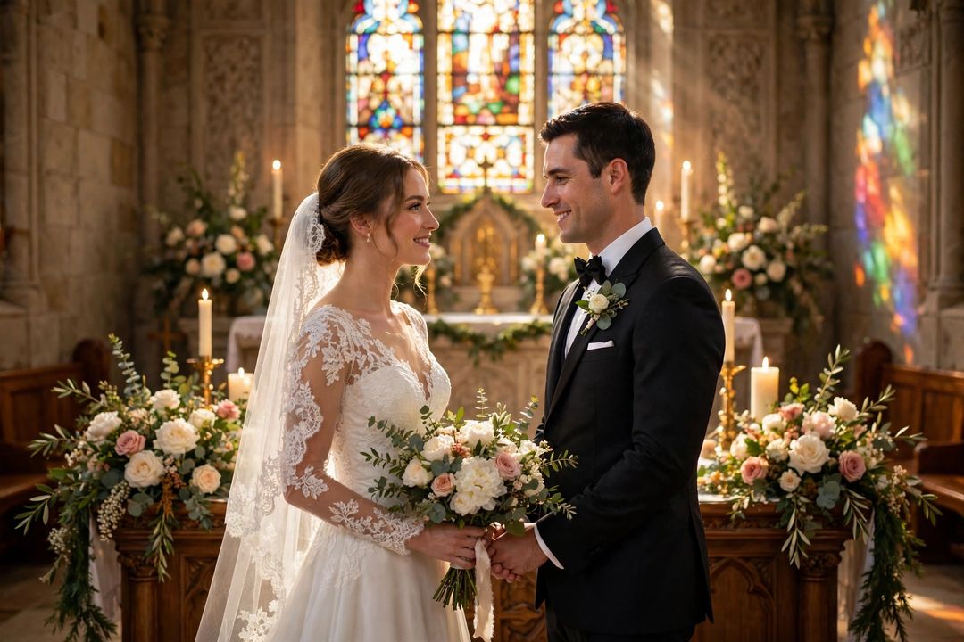 Christian church wedding white gown ChatGPT photo edit
