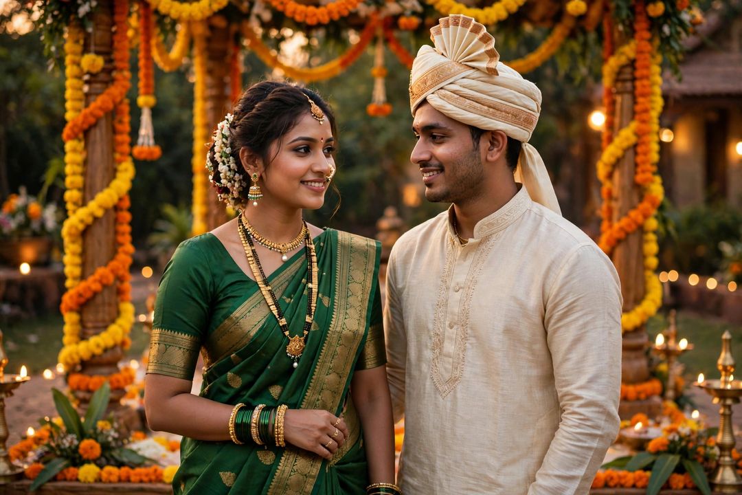 Marathi wedding couple nauvari saree ChatGPT photo edit