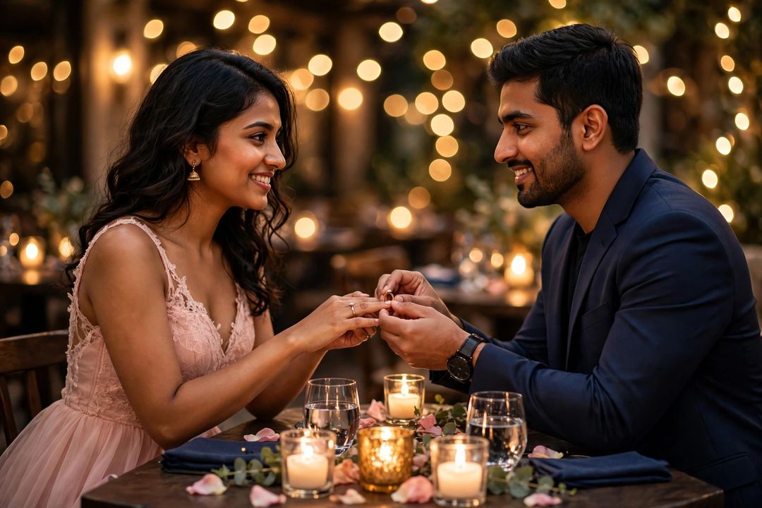 Engagement ring exchange candlelight couple ChatGPT photo edit